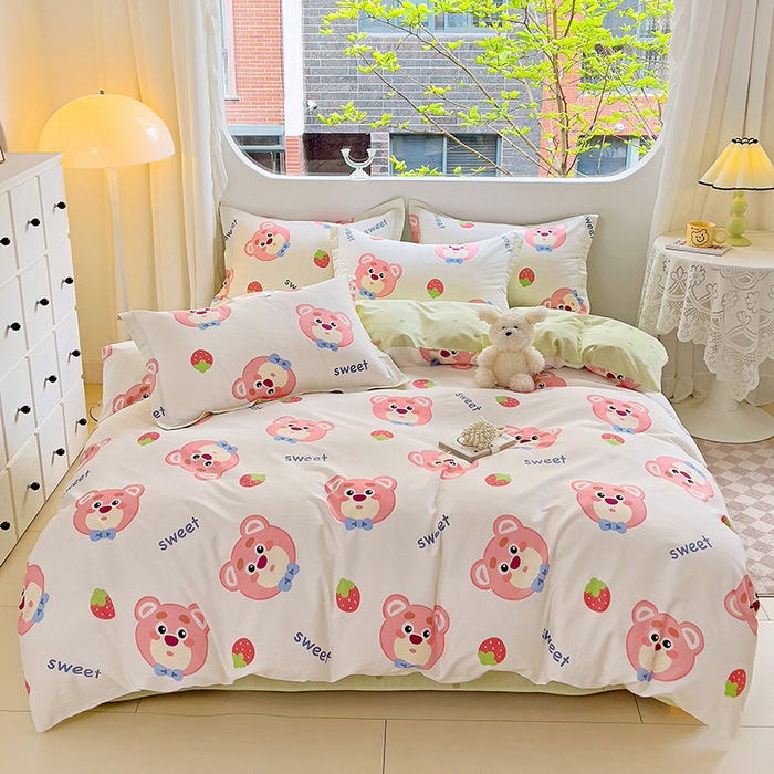 91家纺网 家纺一手货源 找家纺 曲之慕 2026春夏新款全棉纯棉小清新印花系列四件套床单床笠 萌小新