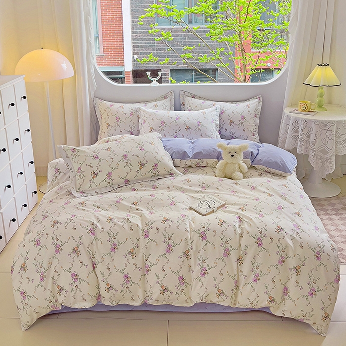 91家纺网 家纺一手货源 找家纺 曲之慕 2026春夏新款全棉纯棉小清新印花系列四件套床单床笠 梦幻