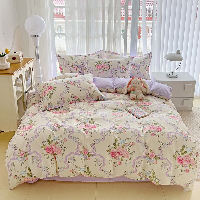 91家纺网 家纺一手货源 找家纺 曲之慕 2026春夏新款全棉纯棉小清新印花系列四件套床单床笠 清欢