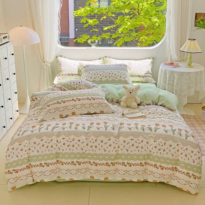 91家纺网 家纺一手货源 找家纺 曲之慕 2026春夏新款全棉纯棉小清新印花系列四件套床单床笠 甜香花