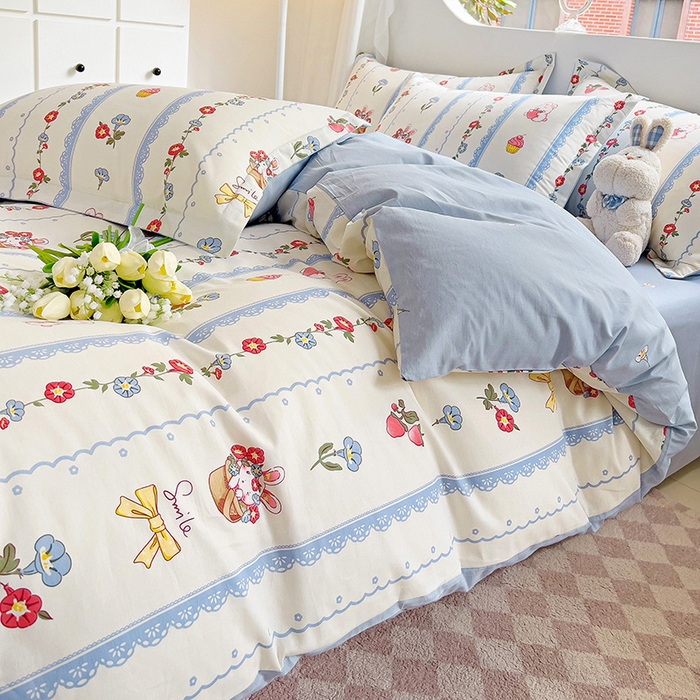 91家纺网 家纺一手货源 找家纺 曲之慕 2026春夏新款全棉纯棉小清新印花系列四件套床单床笠 花篮小兔