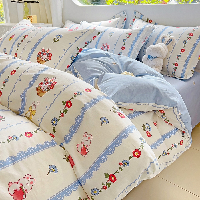 91家纺网 家纺一手货源 找家纺 曲之慕 2026春夏新款全棉纯棉小清新印花系列四件套床单床笠 花篮小兔