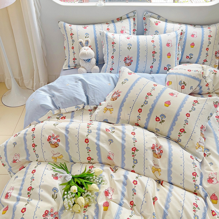 91家纺网 家纺一手货源 找家纺 曲之慕 2026春夏新款全棉纯棉小清新印花系列四件套床单床笠 花篮小兔