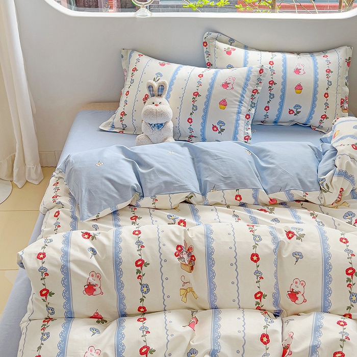 91家纺网 家纺一手货源 找家纺 曲之慕 2026春夏新款全棉纯棉小清新印花系列四件套床单床笠 花篮小兔