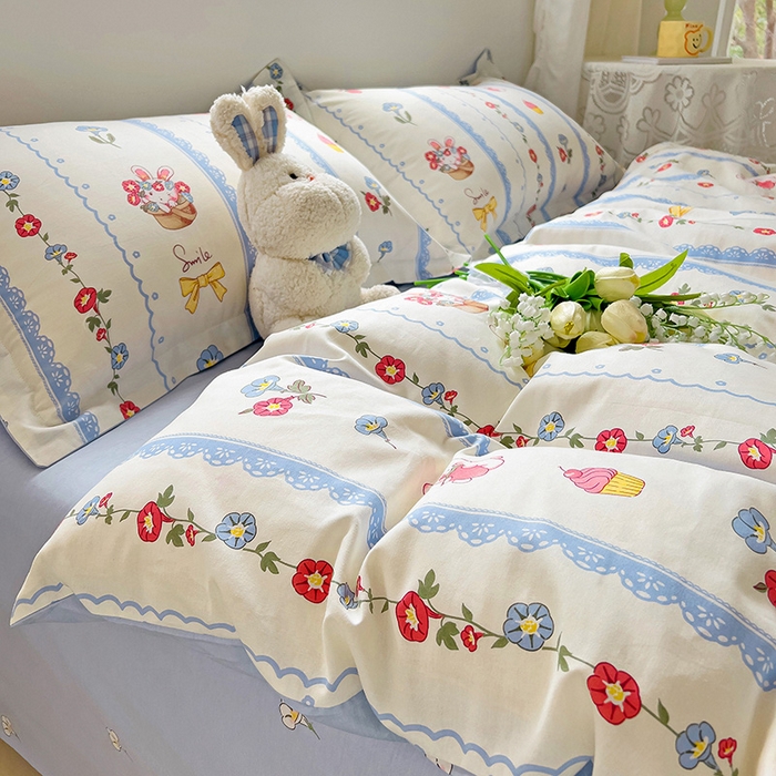 91家纺网 家纺一手货源 找家纺 曲之慕 2026春夏新款全棉纯棉小清新印花系列四件套床单床笠 花篮小兔