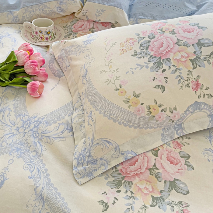 91家纺网 家纺一手货源 找家纺 曲之慕 2026春夏新款全棉纯棉小清新印花系列四件套床单床笠 蓝色觅境