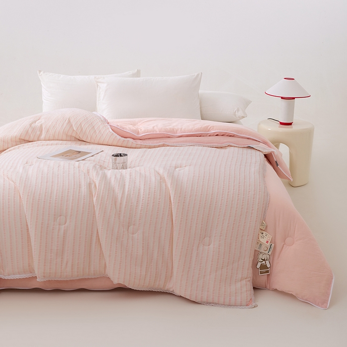 91家纺网 家纺一手货源 找家纺 VIP被业 2025新款星辰织条全棉大豆子母被冬被被芯 粉色