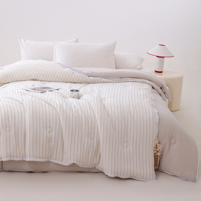 91家纺网 家纺一手货源 找家纺 VIP被业 2025新款星辰织条全棉大豆子母被冬被被芯 灰色