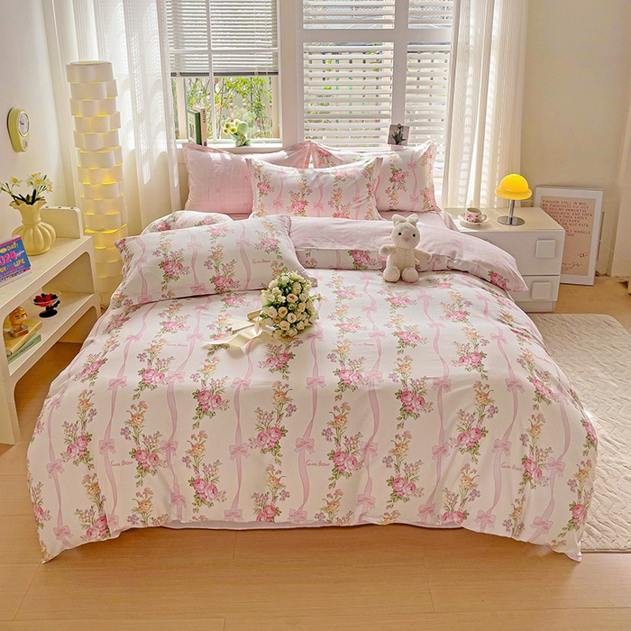 曲之慕 2026春夏新款全棉纯棉小清新印花系列四件套床单床笠 浪漫蝴蝶结