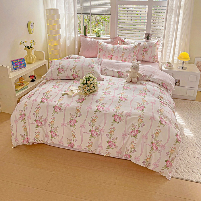 91家纺网 家纺一手货源 找家纺 曲之慕 2026春夏新款全棉纯棉小清新印花系列四件套床单床笠 浪漫蝴蝶结