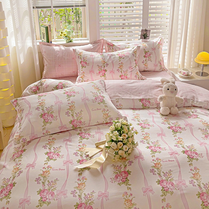 91家纺网 家纺一手货源 找家纺 曲之慕 2026春夏新款全棉纯棉小清新印花系列四件套床单床笠 浪漫蝴蝶结