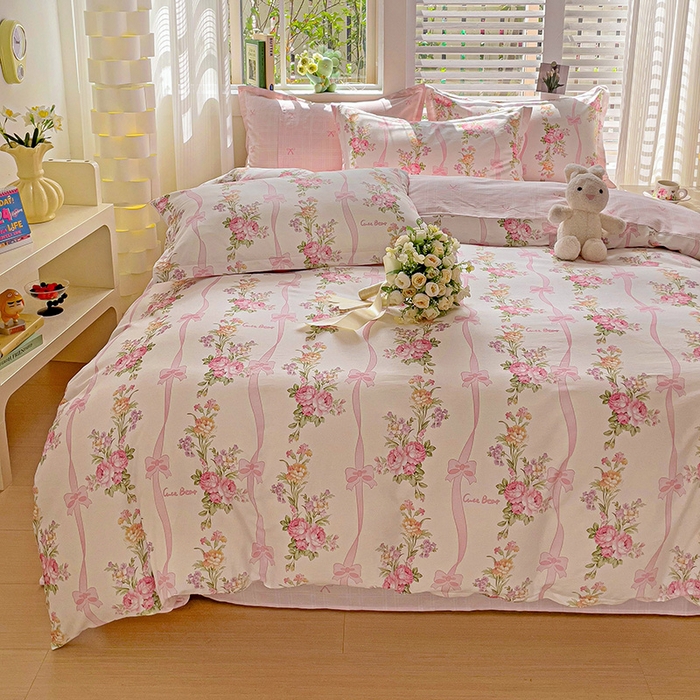 91家纺网 家纺一手货源 找家纺 曲之慕 2026春夏新款全棉纯棉小清新印花系列四件套床单床笠 浪漫蝴蝶结