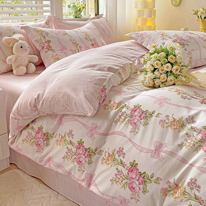 91家纺网 家纺一手货源 找家纺 曲之慕 2026春夏新款全棉纯棉小清新印花系列四件套床单床笠 浪漫蝴蝶结