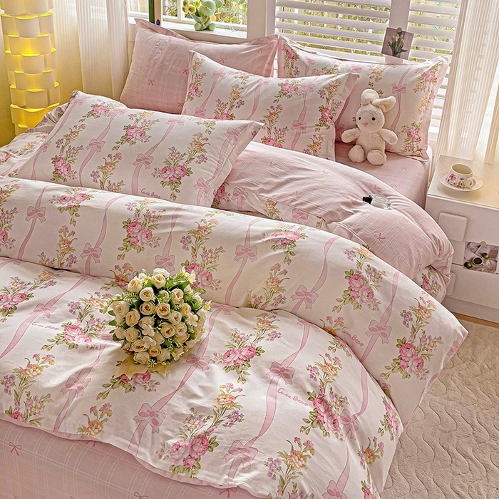 91家纺网 家纺一手货源 找家纺 曲之慕 2026春夏新款全棉纯棉小清新印花系列四件套床单床笠 浪漫蝴蝶结