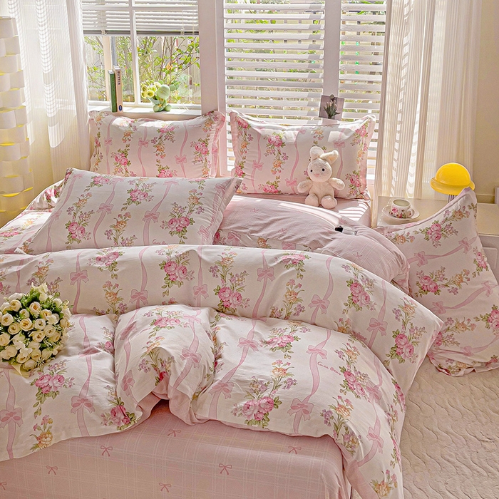 91家纺网 家纺一手货源 找家纺 曲之慕 2026春夏新款全棉纯棉小清新印花系列四件套床单床笠 浪漫蝴蝶结