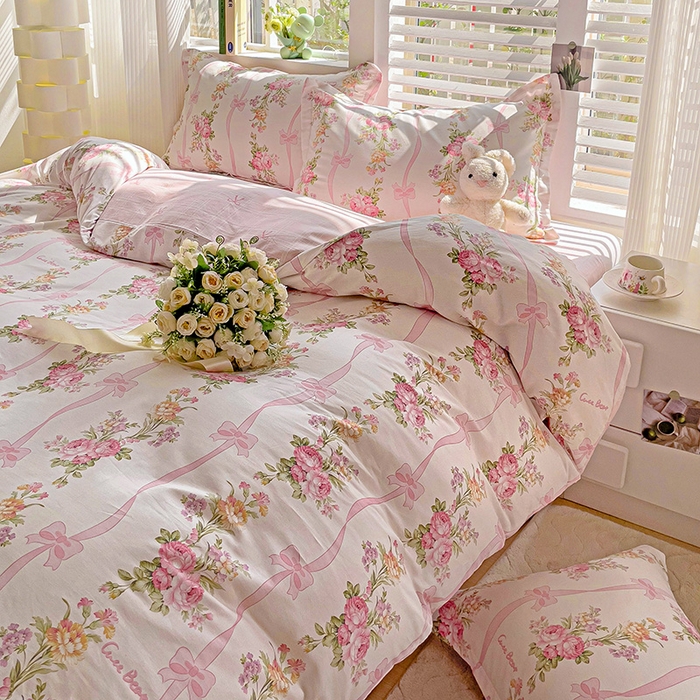 91家纺网 家纺一手货源 找家纺 曲之慕 2026春夏新款全棉纯棉小清新印花系列四件套床单床笠 浪漫蝴蝶结