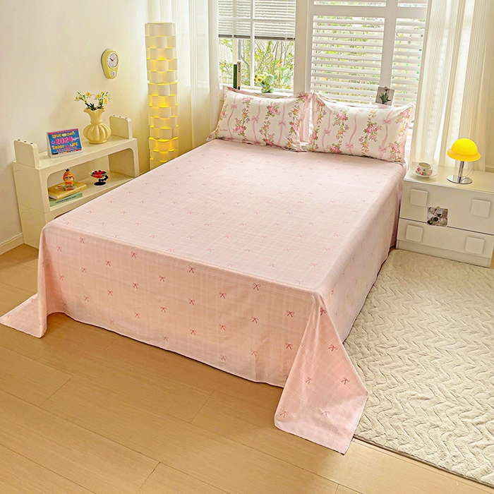 91家纺网 家纺一手货源 找家纺 曲之慕 2026春夏新款全棉纯棉小清新印花系列四件套床单床笠 浪漫蝴蝶结