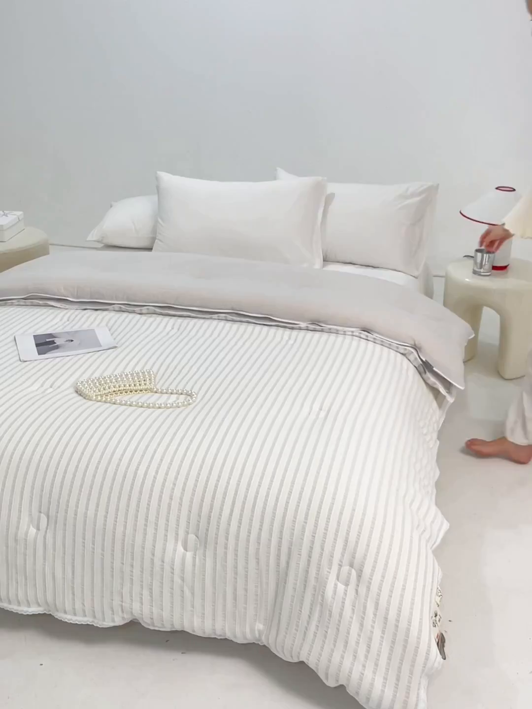 91家纺网 家纺一手货源 找家纺 VIP被业 2025新款星辰织条全棉大豆子母被冬被被芯 灰色