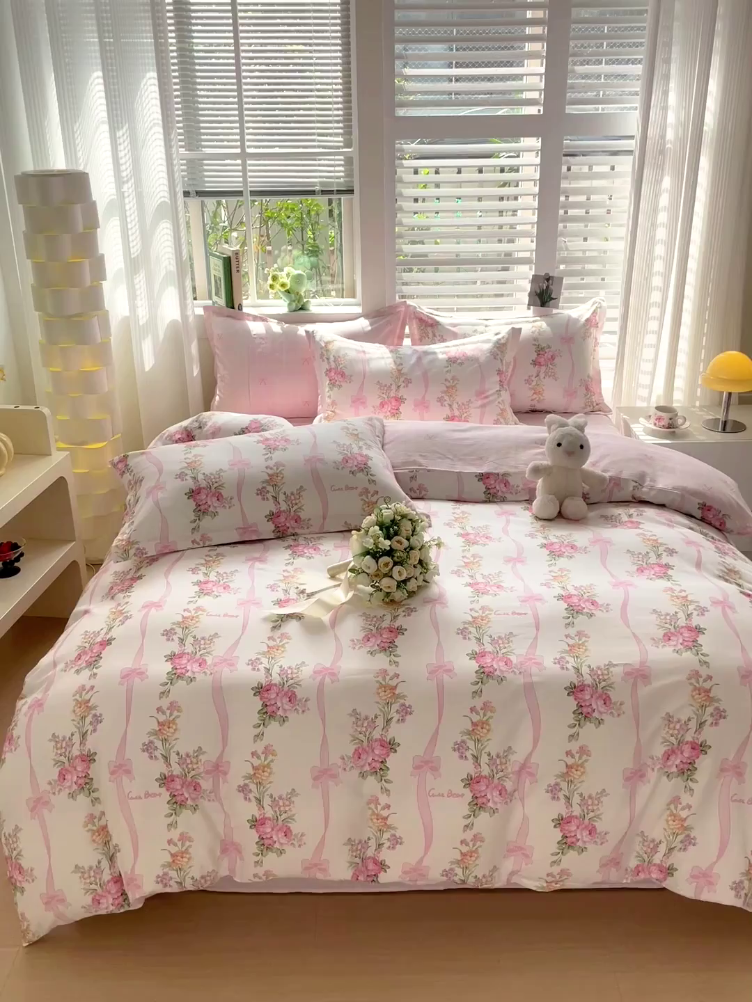 91家纺网 家纺一手货源 找家纺 曲之慕 2026春夏新款全棉纯棉小清新印花系列四件套床单床笠 浪漫蝴蝶结