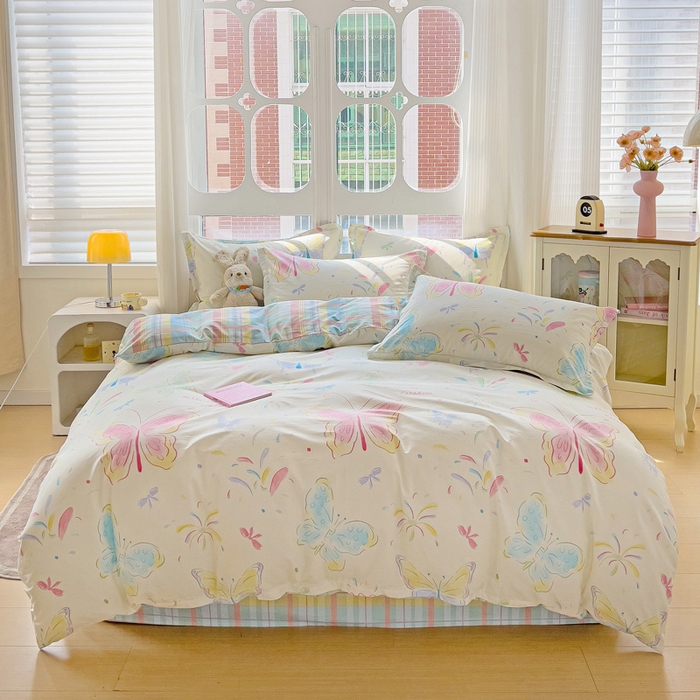 曲之慕 2026春夏新款全棉纯棉小清新印花系列四件套床单床笠 恋蝶花瑶