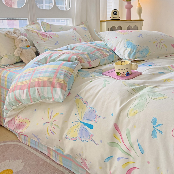 91家纺网 家纺一手货源 找家纺 曲之慕 2026春夏新款全棉纯棉小清新印花系列四件套床单床笠 恋蝶花瑶