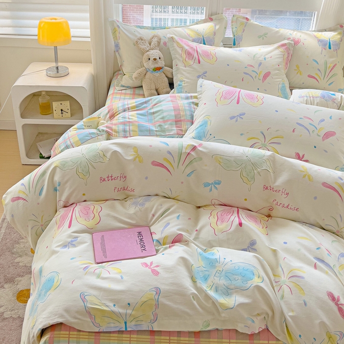 91家纺网 家纺一手货源 找家纺 曲之慕 2026春夏新款全棉纯棉小清新印花系列四件套床单床笠 恋蝶花瑶