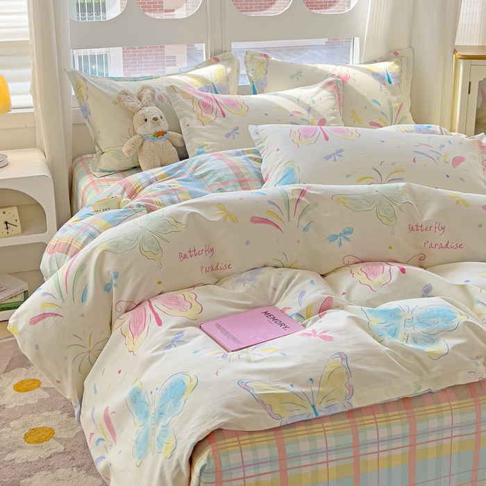 91家纺网 家纺一手货源 找家纺 曲之慕 2026春夏新款全棉纯棉小清新印花系列四件套床单床笠 恋蝶花瑶