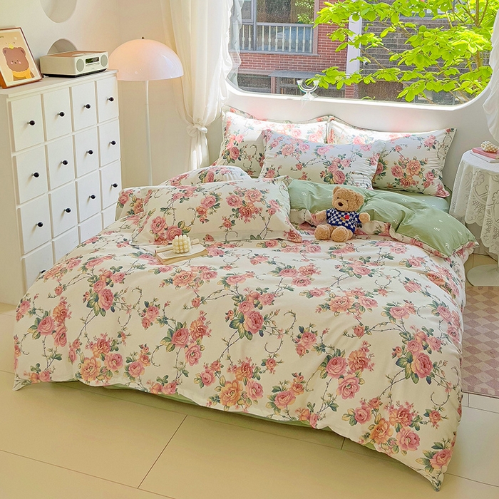 91家纺网 家纺一手货源 找家纺 曲之慕 2026春夏新款全棉纯棉小清新印花系列四件套床单床笠 玫瑰花藤