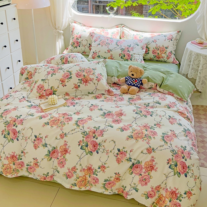 91家纺网 家纺一手货源 找家纺 曲之慕 2026春夏新款全棉纯棉小清新印花系列四件套床单床笠 玫瑰花藤