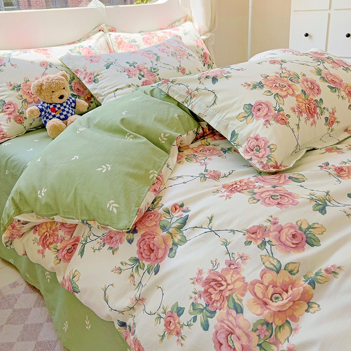 91家纺网 家纺一手货源 找家纺 曲之慕 2026春夏新款全棉纯棉小清新印花系列四件套床单床笠 玫瑰花藤