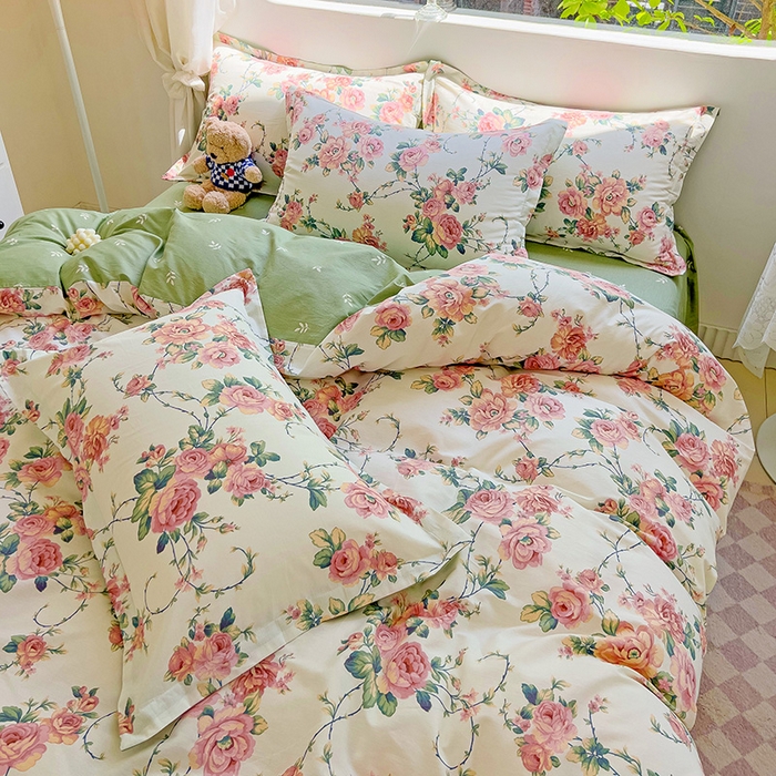 91家纺网 家纺一手货源 找家纺 曲之慕 2026春夏新款全棉纯棉小清新印花系列四件套床单床笠 玫瑰花藤