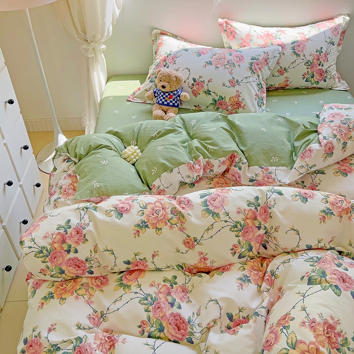 91家纺网 家纺一手货源 找家纺 曲之慕 2026春夏新款全棉纯棉小清新印花系列四件套床单床笠 玫瑰花藤