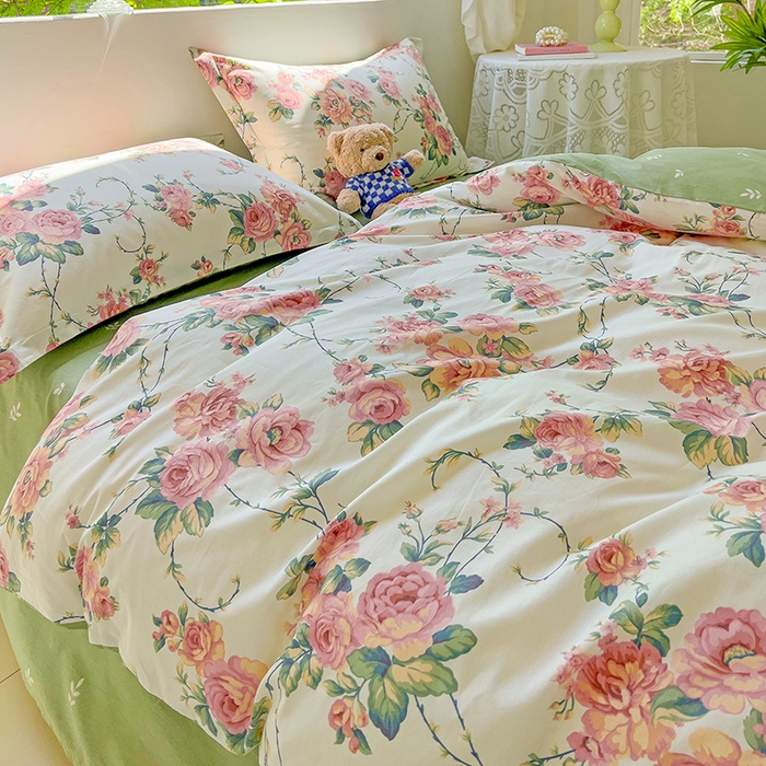 91家纺网 家纺一手货源 找家纺 曲之慕 2026春夏新款全棉纯棉小清新印花系列四件套床单床笠 玫瑰花藤