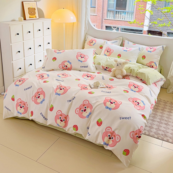 91家纺网 家纺一手货源 找家纺 曲之慕 2026春夏新款全棉纯棉小清新印花系列四件套床单床笠 萌小新