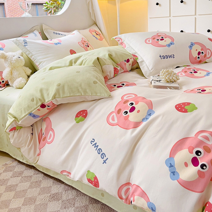 91家纺网 家纺一手货源 找家纺 曲之慕 2026春夏新款全棉纯棉小清新印花系列四件套床单床笠 萌小新