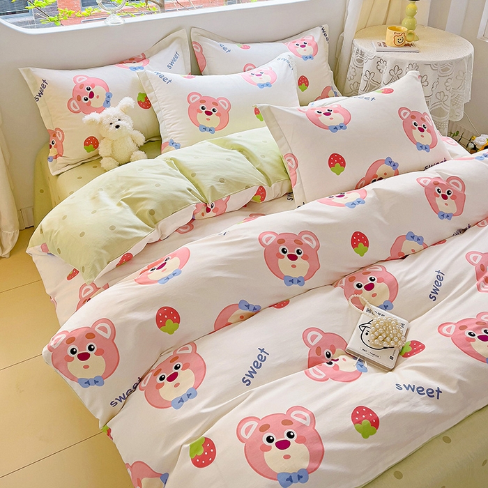 91家纺网 家纺一手货源 找家纺 曲之慕 2026春夏新款全棉纯棉小清新印花系列四件套床单床笠 萌小新