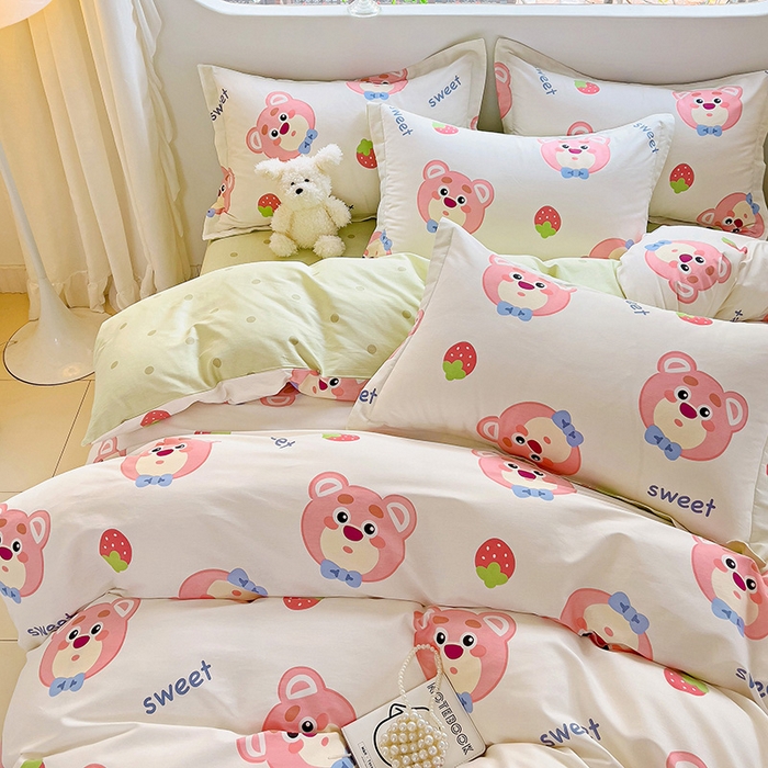 91家纺网 家纺一手货源 找家纺 曲之慕 2026春夏新款全棉纯棉小清新印花系列四件套床单床笠 萌小新