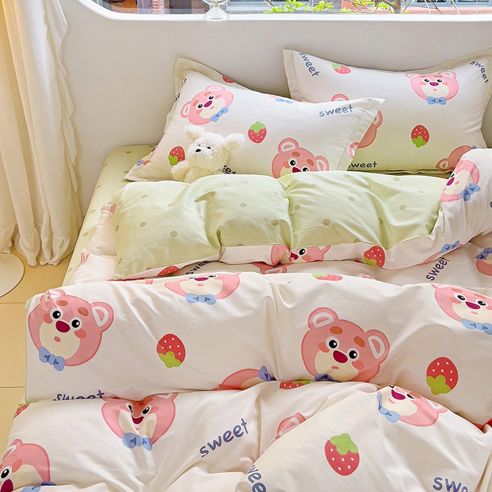 91家纺网 家纺一手货源 找家纺 曲之慕 2026春夏新款全棉纯棉小清新印花系列四件套床单床笠 萌小新