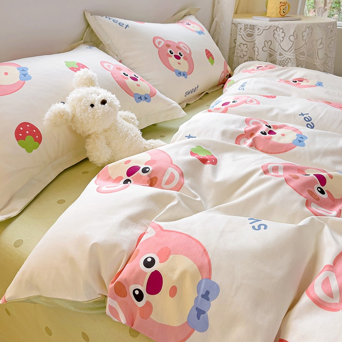 91家纺网 家纺一手货源 找家纺 曲之慕 2026春夏新款全棉纯棉小清新印花系列四件套床单床笠 萌小新