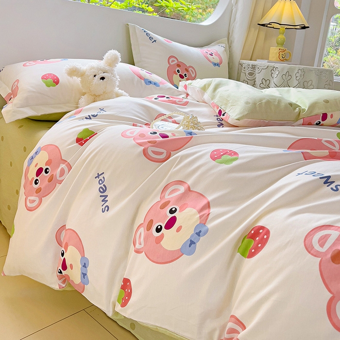 91家纺网 家纺一手货源 找家纺 曲之慕 2026春夏新款全棉纯棉小清新印花系列四件套床单床笠 萌小新