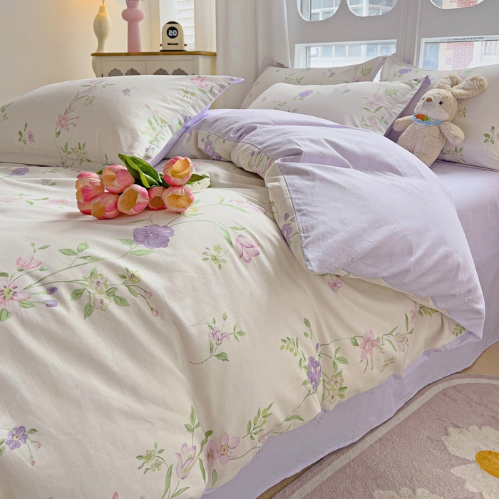 91家纺网 家纺一手货源 找家纺 曲之慕 2026春夏新款全棉纯棉小清新印花系列四件套床单床笠 千华韶梦