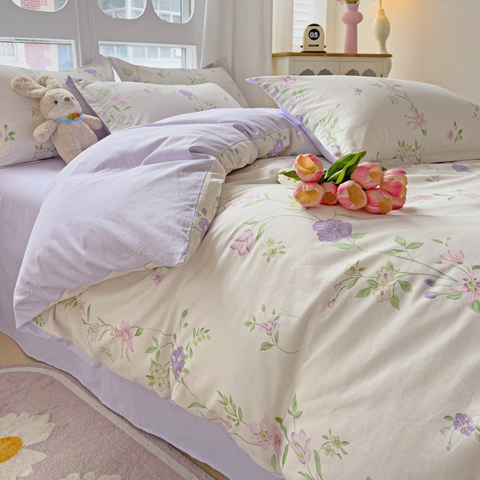 91家纺网 家纺一手货源 找家纺 曲之慕 2026春夏新款全棉纯棉小清新印花系列四件套床单床笠 千华韶梦