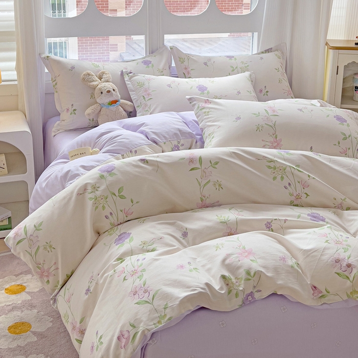 91家纺网 家纺一手货源 找家纺 曲之慕 2026春夏新款全棉纯棉小清新印花系列四件套床单床笠 千华韶梦