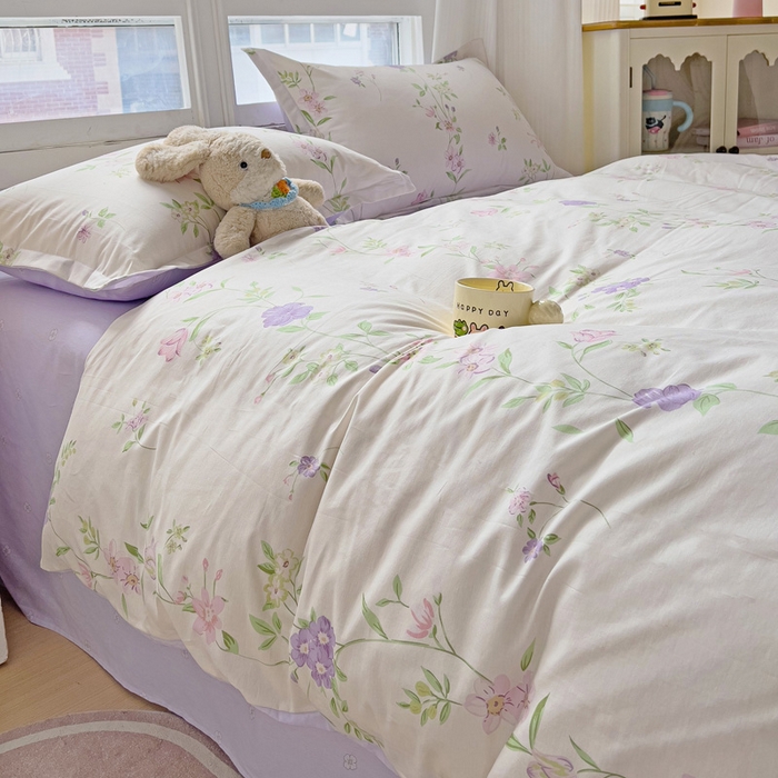 91家纺网 家纺一手货源 找家纺 曲之慕 2026春夏新款全棉纯棉小清新印花系列四件套床单床笠 千华韶梦