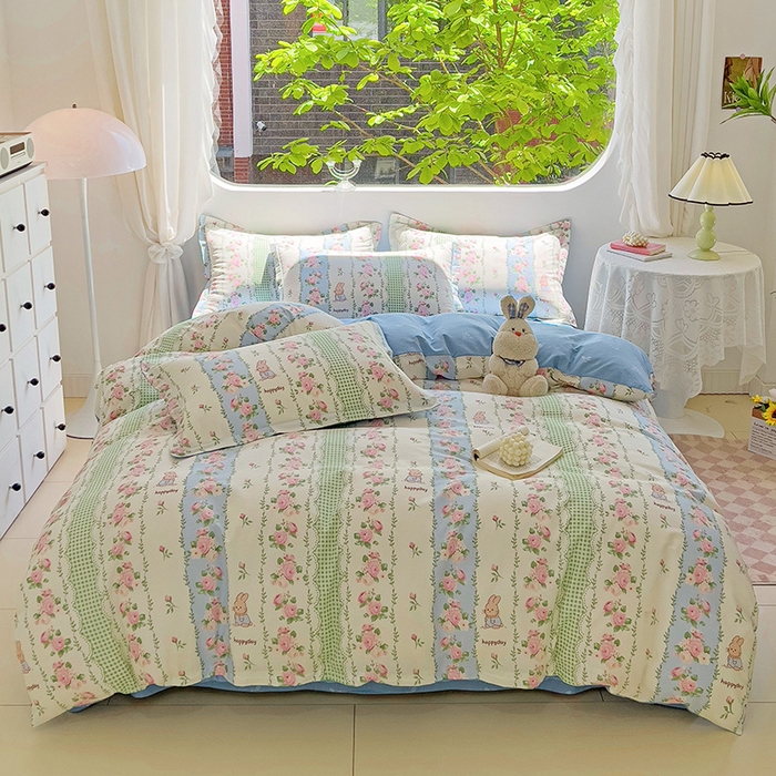 曲之慕 2026春夏新款全棉纯棉小清新印花系列四件套床单床笠 蔷薇花语