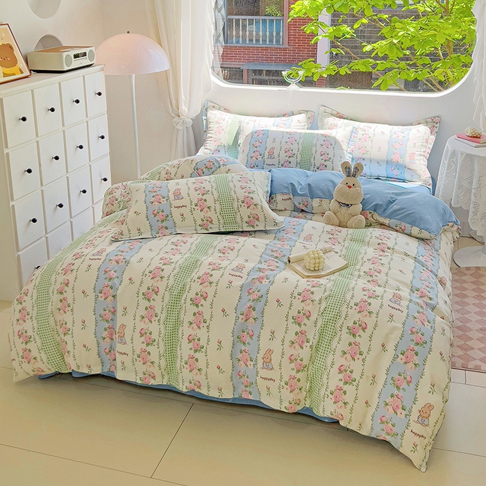 91家纺网 家纺一手货源 找家纺 曲之慕 2026春夏新款全棉纯棉小清新印花系列四件套床单床笠 蔷薇花语