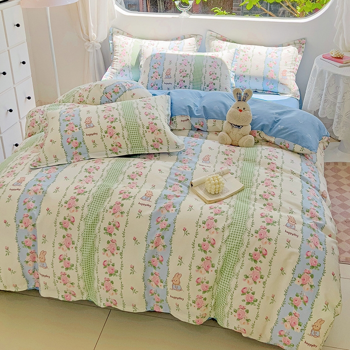 91家纺网 家纺一手货源 找家纺 曲之慕 2026春夏新款全棉纯棉小清新印花系列四件套床单床笠 蔷薇花语