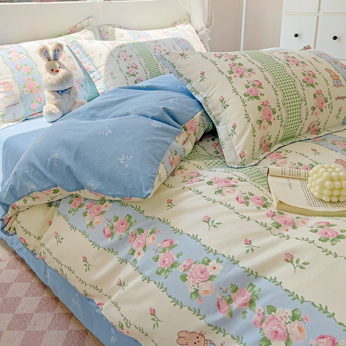 91家纺网 家纺一手货源 找家纺 曲之慕 2026春夏新款全棉纯棉小清新印花系列四件套床单床笠 蔷薇花语