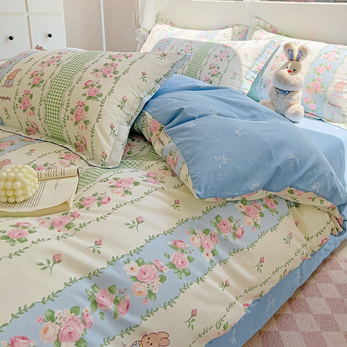 91家纺网 家纺一手货源 找家纺 曲之慕 2026春夏新款全棉纯棉小清新印花系列四件套床单床笠 蔷薇花语