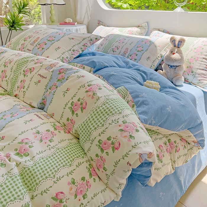 91家纺网 家纺一手货源 找家纺 曲之慕 2026春夏新款全棉纯棉小清新印花系列四件套床单床笠 蔷薇花语